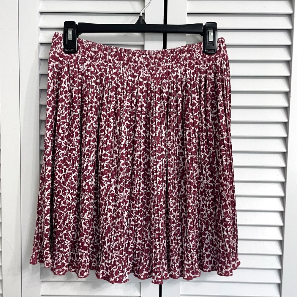 Loft Floral Print Pleated A Line Knee Length Skirt Elastic Waist Maroon White S